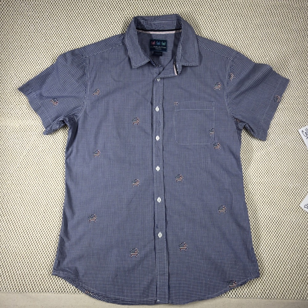 Charleston Threads Mens Blue Gingham American Flag Crab Embroidered Shirt Small